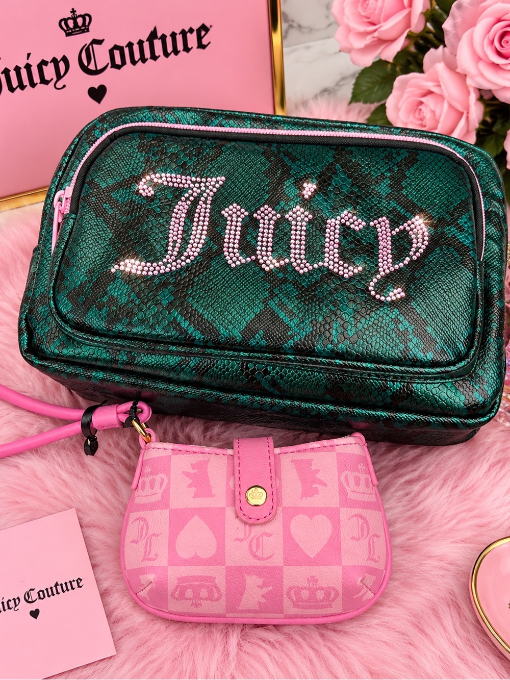 Juicy Couture Green Snake-Print Cosmetics Bag with Rhinestone Logo & Wristlet